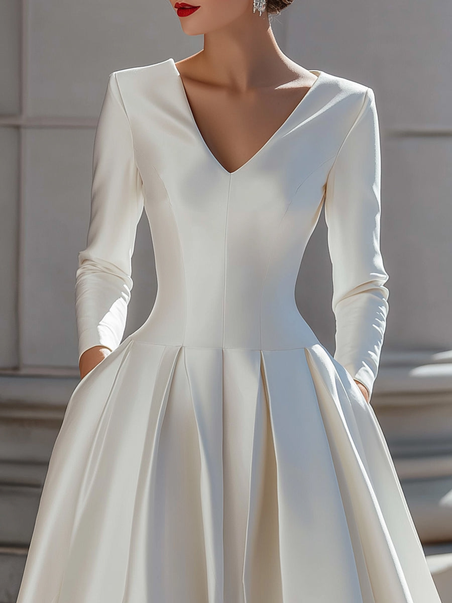 Elegant Silk Midi Dress with V-neck and Pleats