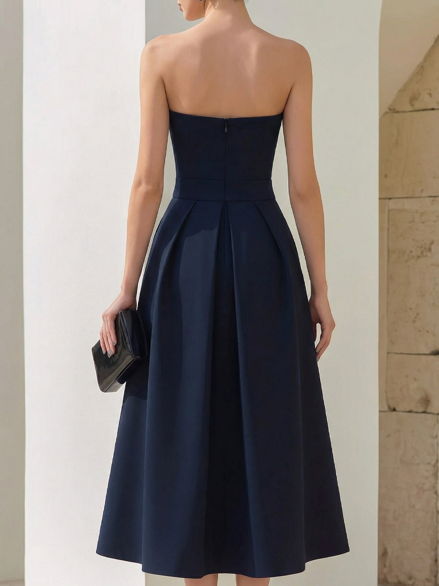 A-line, strapless midi dress with pleats