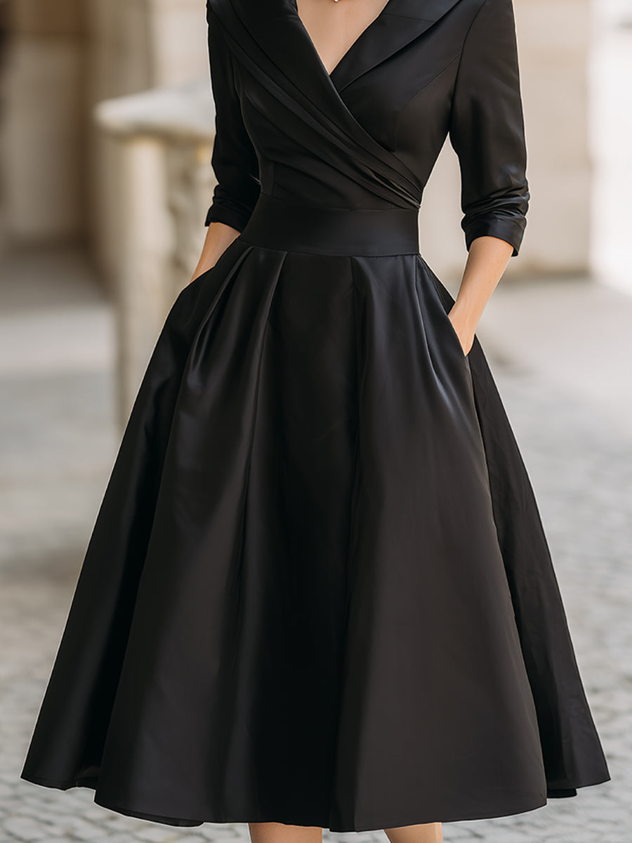Vintage Style Satin Midi Dress with Ruched Collar