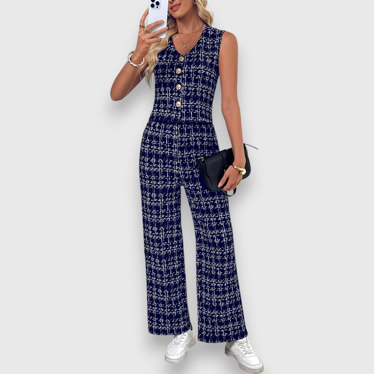 Two piece set with V-neck top and matching trousers