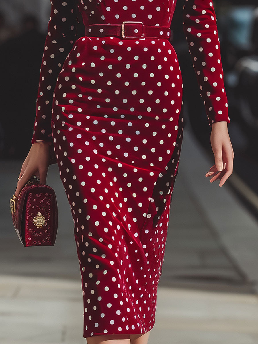 Vintage Polka Dot Velour Midi Dress