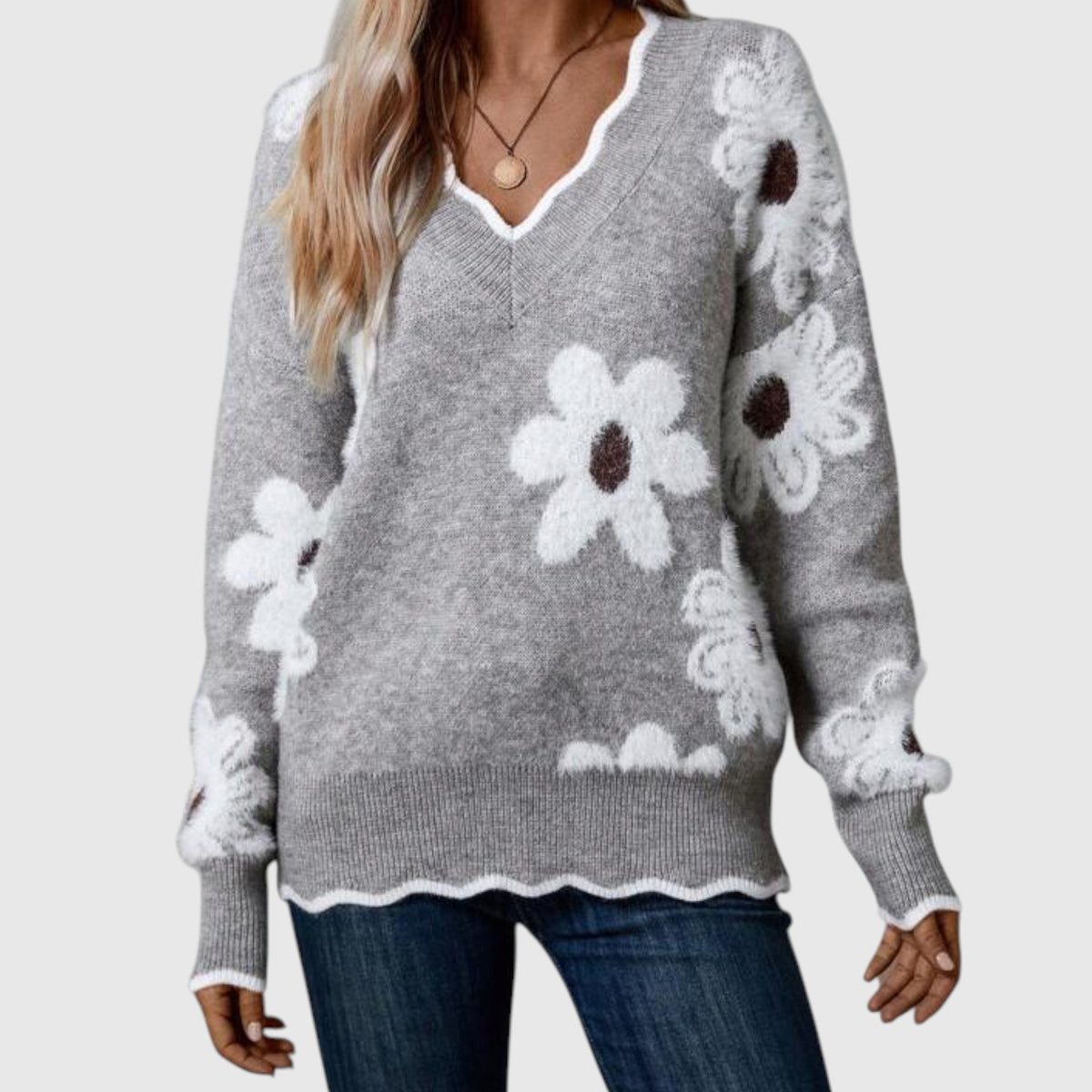 THEA - Elegant V-neck sweater with floral print