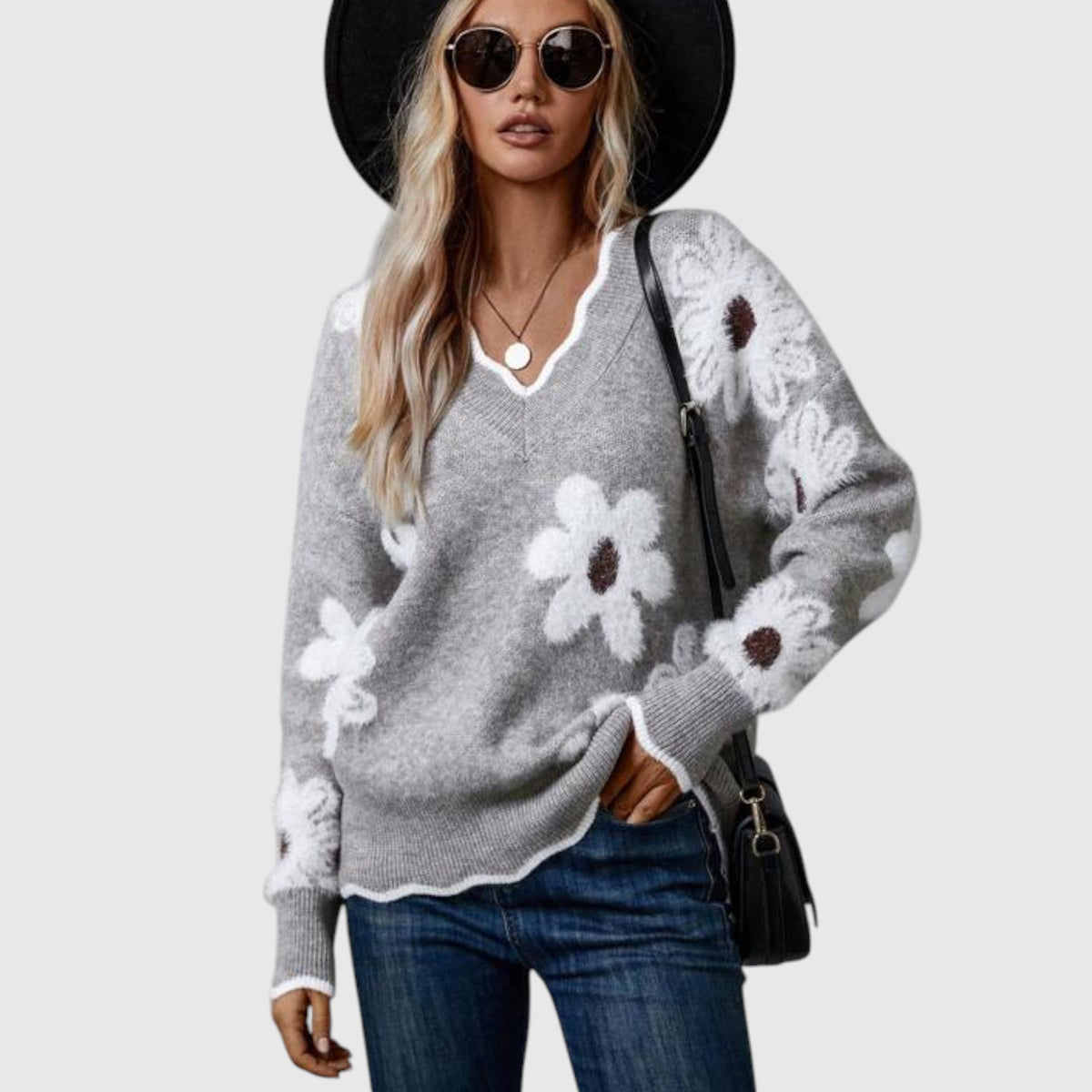 THEA - Elegant V-neck sweater with floral print