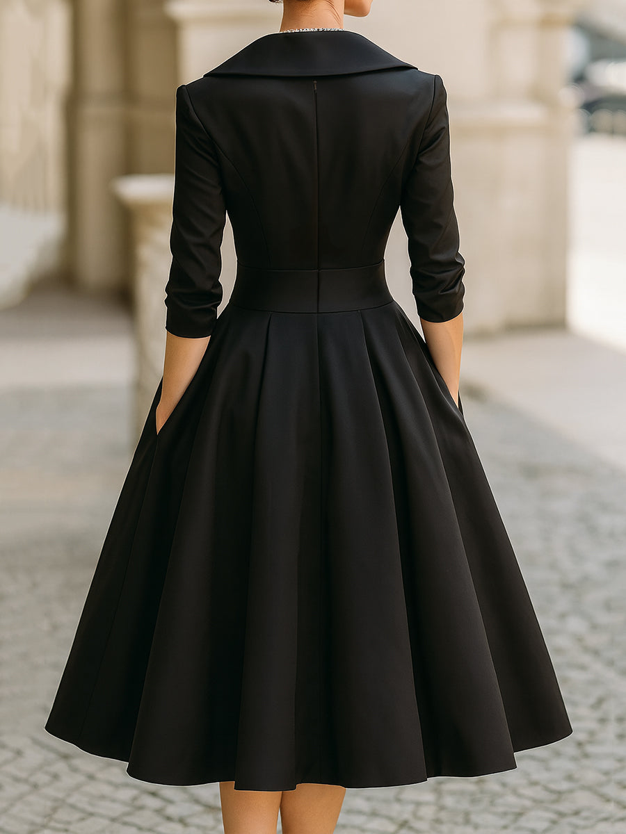 Vintage Style Satin Midi Dress with Ruched Collar
