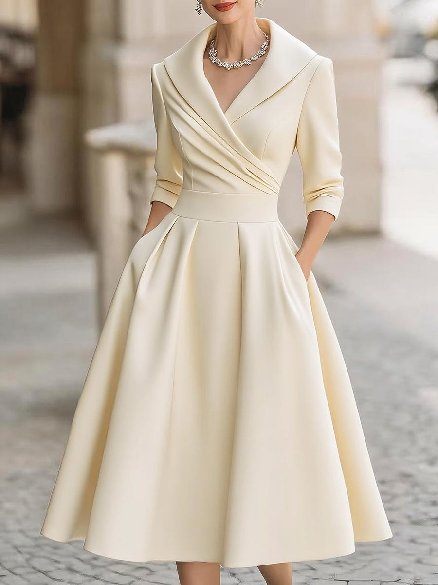 Vintage Style Satin Midi Dress with Ruched Collar