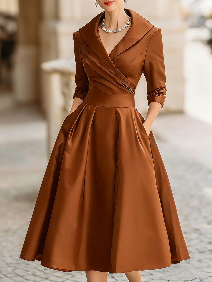 Vintage Style Satin Midi Dress with Ruched Collar