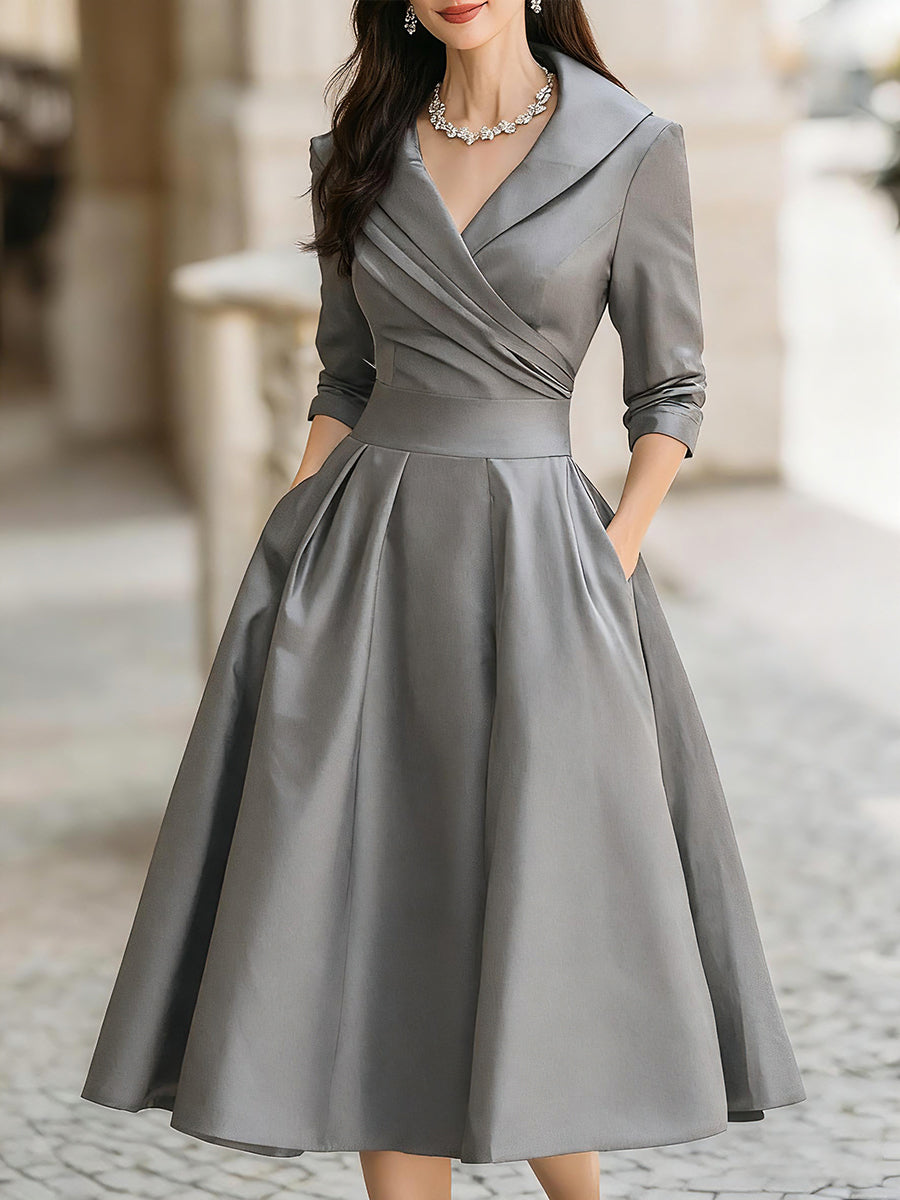 Vintage Style Satin Midi Dress with Ruched Collar