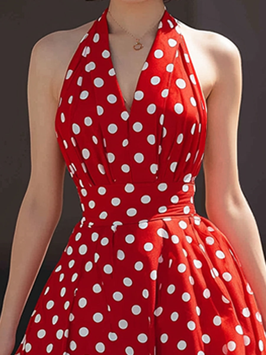 Pöttyös midi ruha, halter nyakkivágással és A-vonalú fazonnal