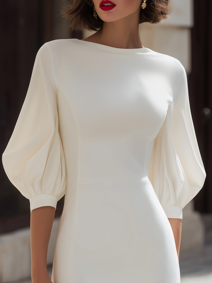 Minimalist Midi Dress with Puff Sleeves