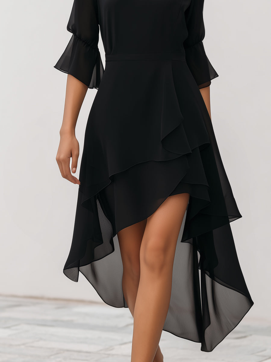 Asymmetric Midi Dress in Layered Chiffon