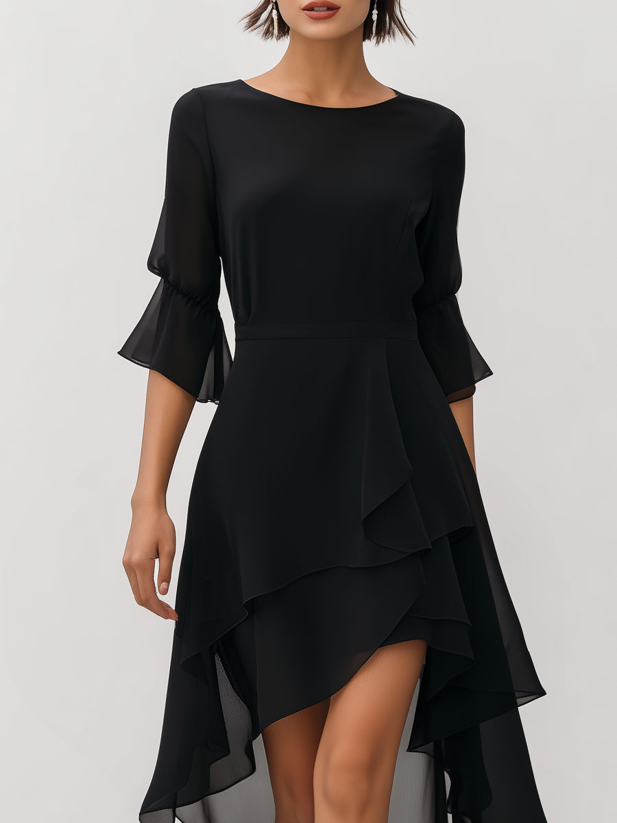 Asymmetric Midi Dress in Layered Chiffon