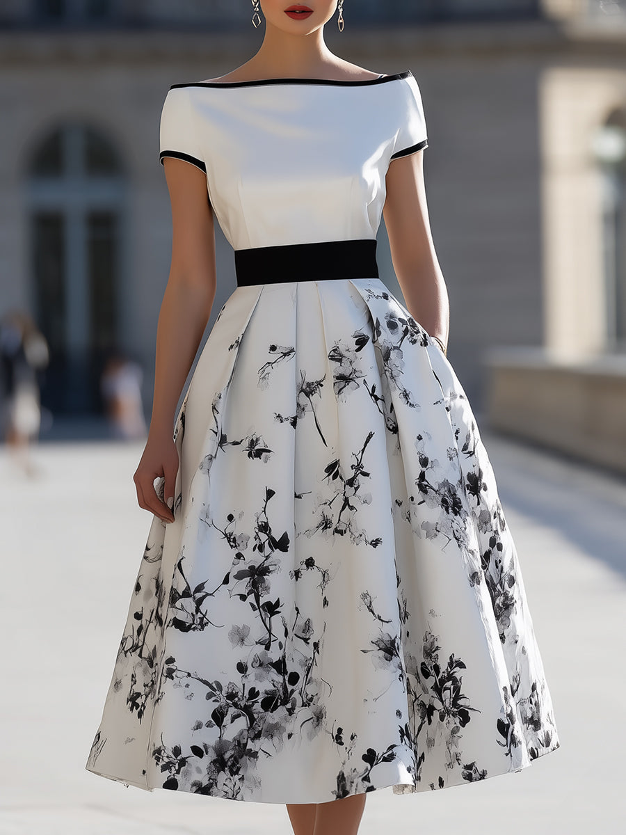 Elegant White Midi Dress with Black Ink Floral Print and Boat Neck