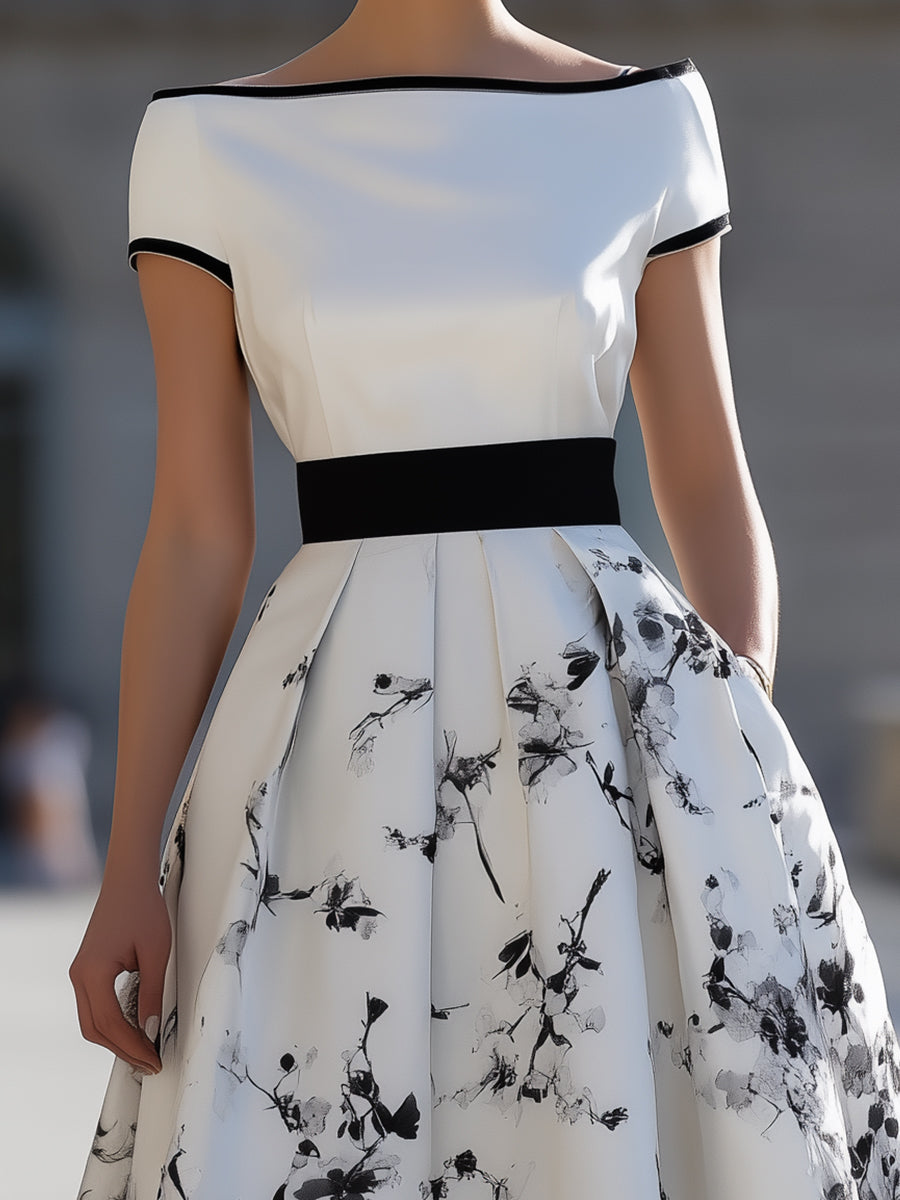 Elegant White Midi Dress with Black Ink Floral Print and Boat Neck