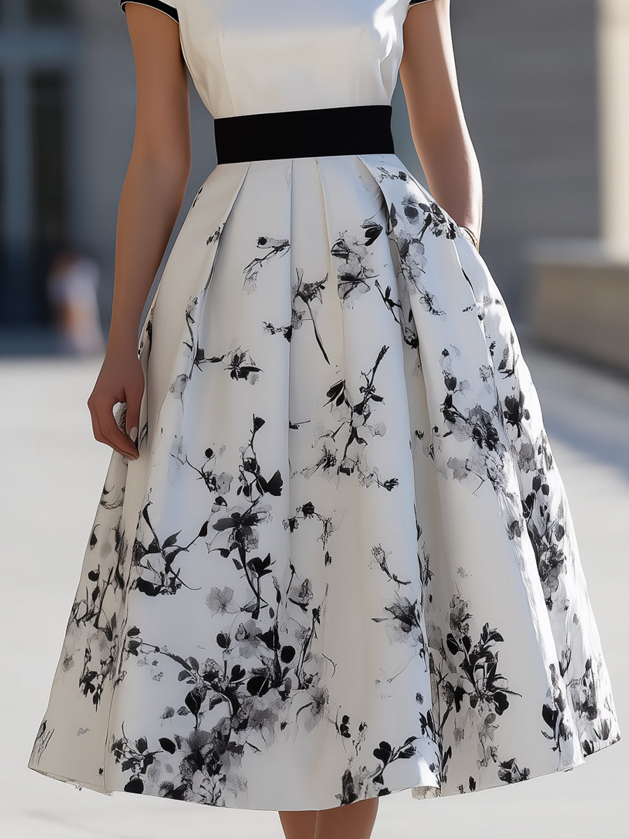 Elegant White Midi Dress with Black Ink Floral Print and Boat Neck