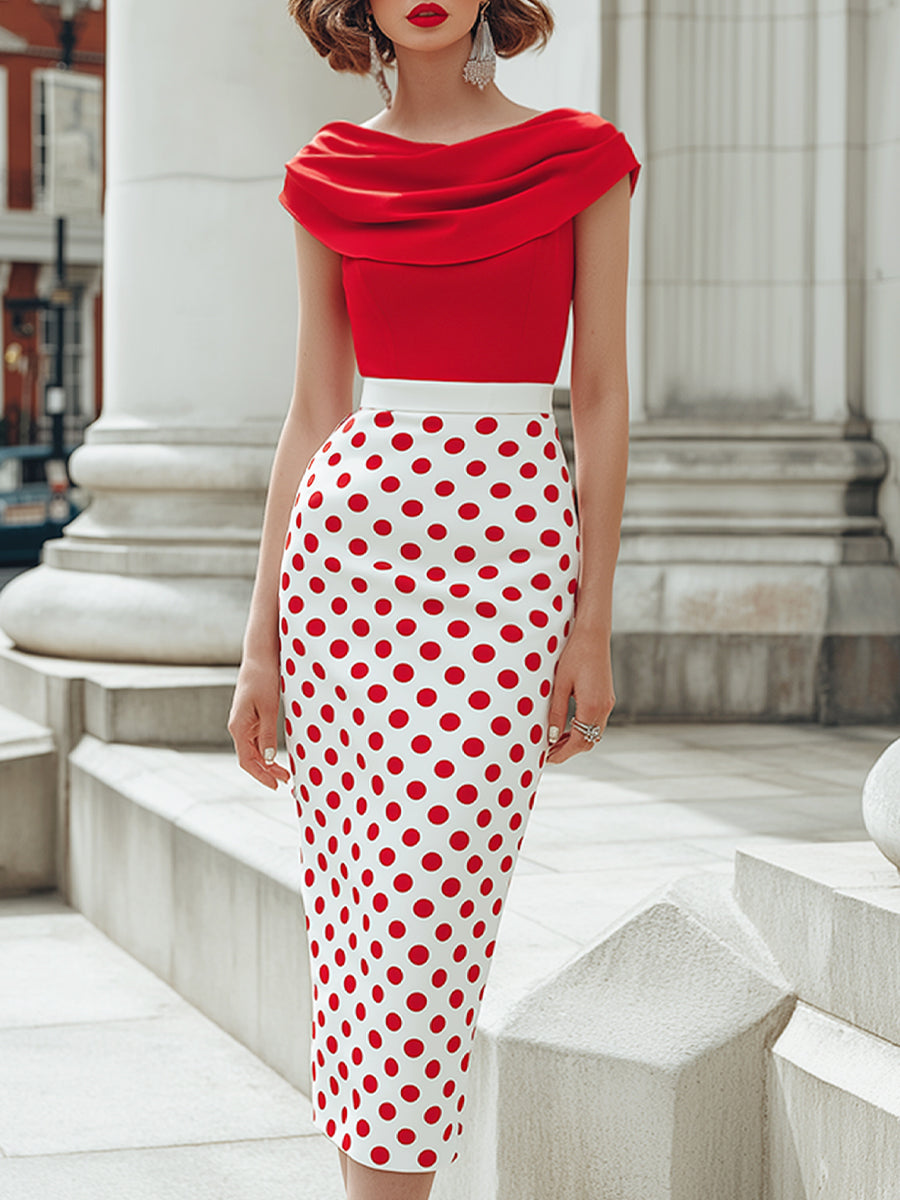 Midi dress with off-the-shoulder polka dot print