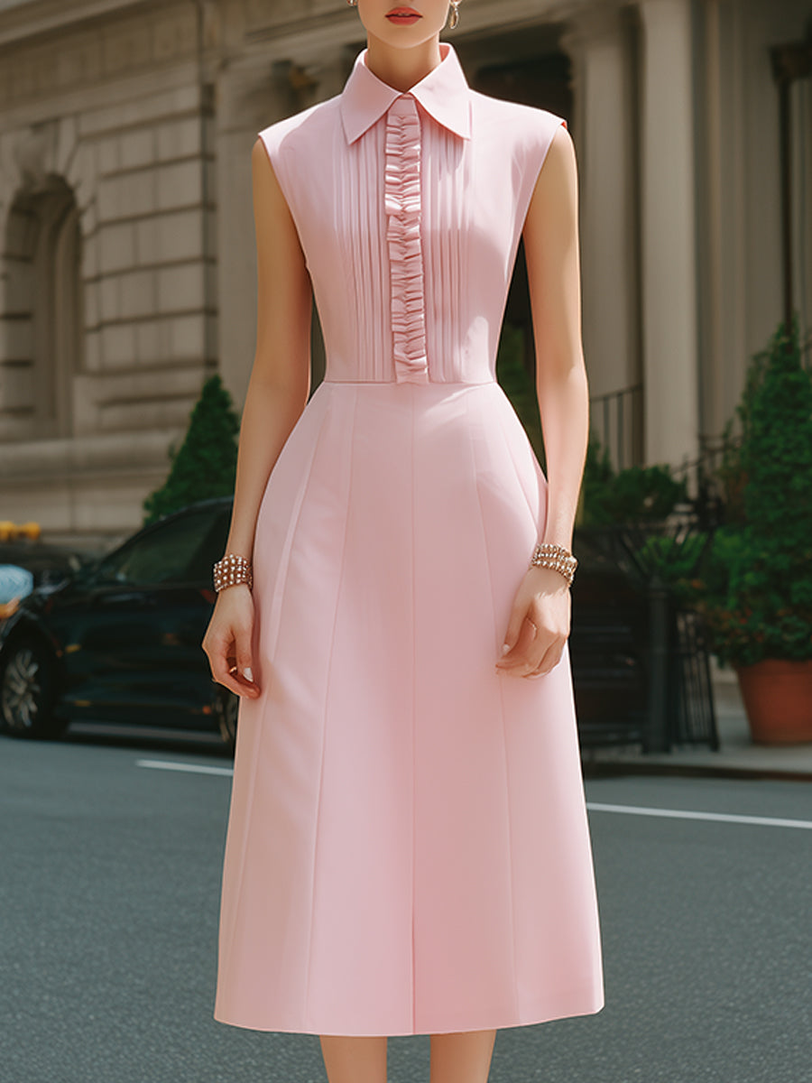 Sleeveless midi dress with ruffles and closure