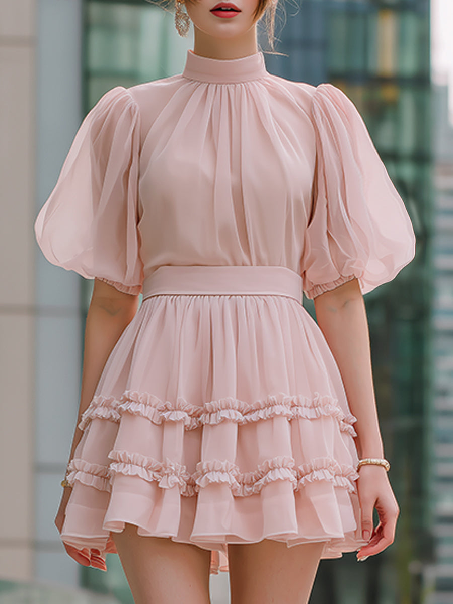 Mini dress with high neck, puff sleeves and ruffles