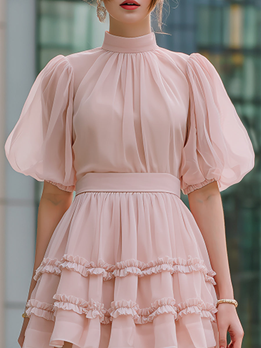 Mini dress with high neck, puff sleeves and ruffles