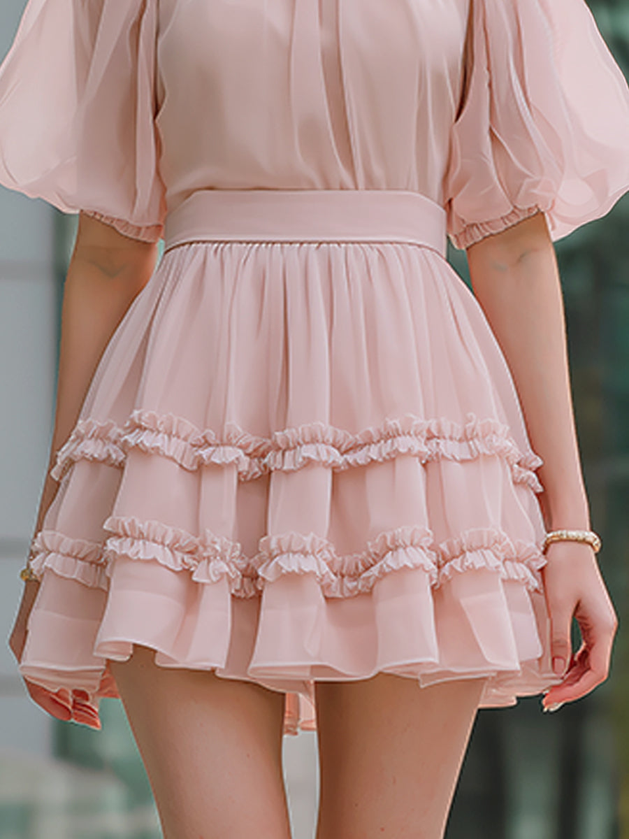 Mini dress with high neck, puff sleeves and ruffles