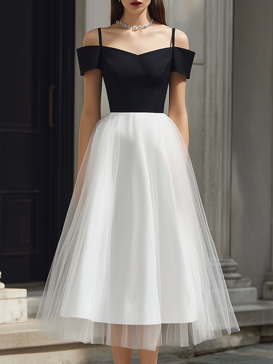 Midi A-line Tulle Dress with Strappy Off-Shoulder Details