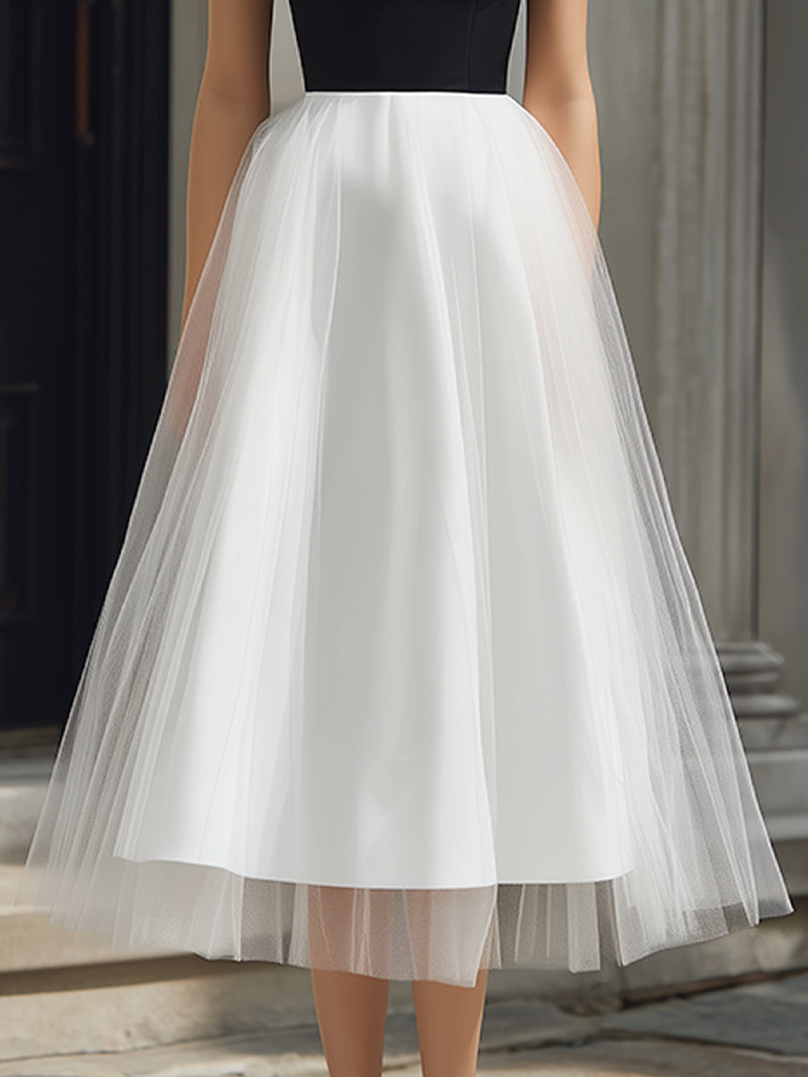 Midi A-line Tulle Dress with Strappy Off-Shoulder Details