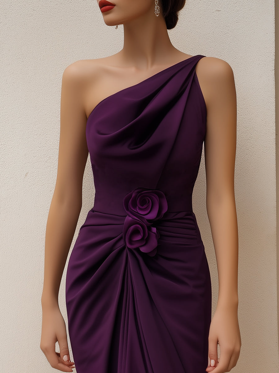 Midi dress with one shoulder, with a floral accent