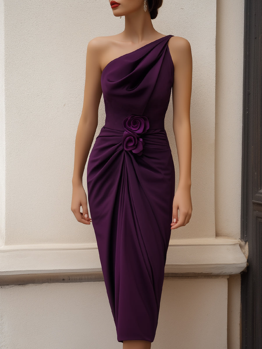 Midi dress with one shoulder, with a floral accent