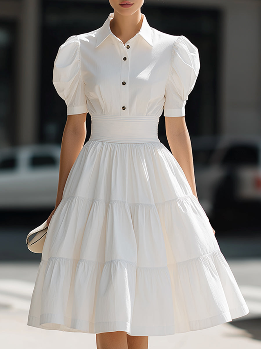 Mini dress with puff sleeves, front buttons, A-line