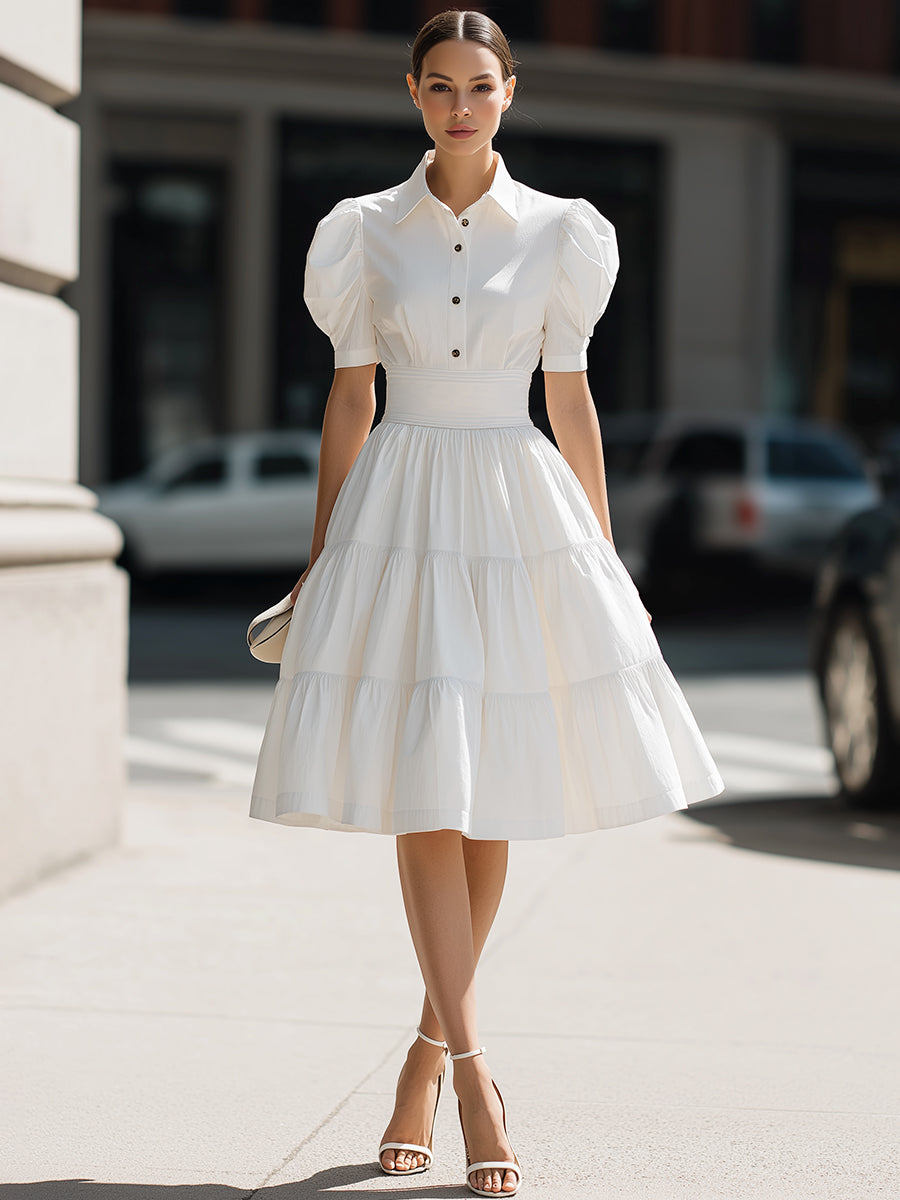 Mini dress with puff sleeves, front buttons, A-line
