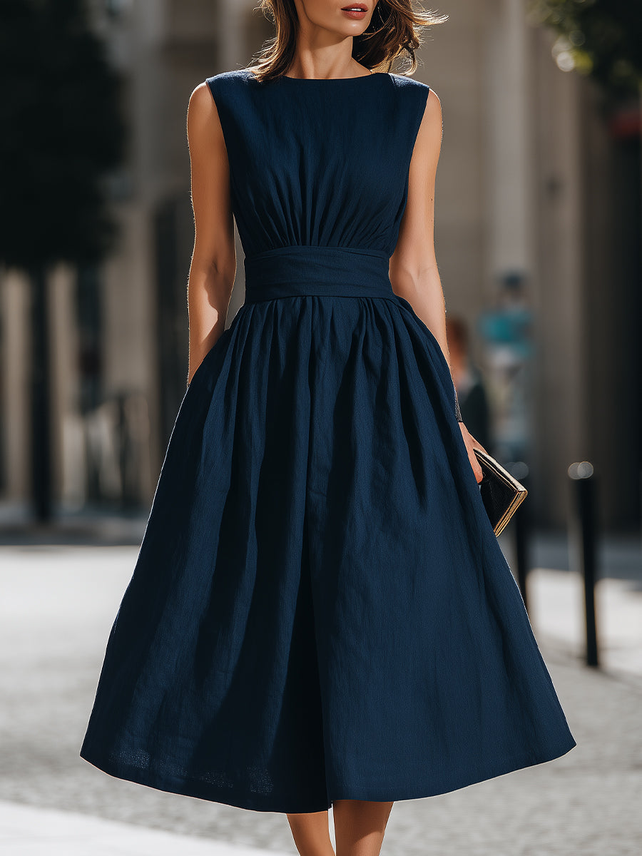 Gathered Sleeveless Midi A-Line Dress