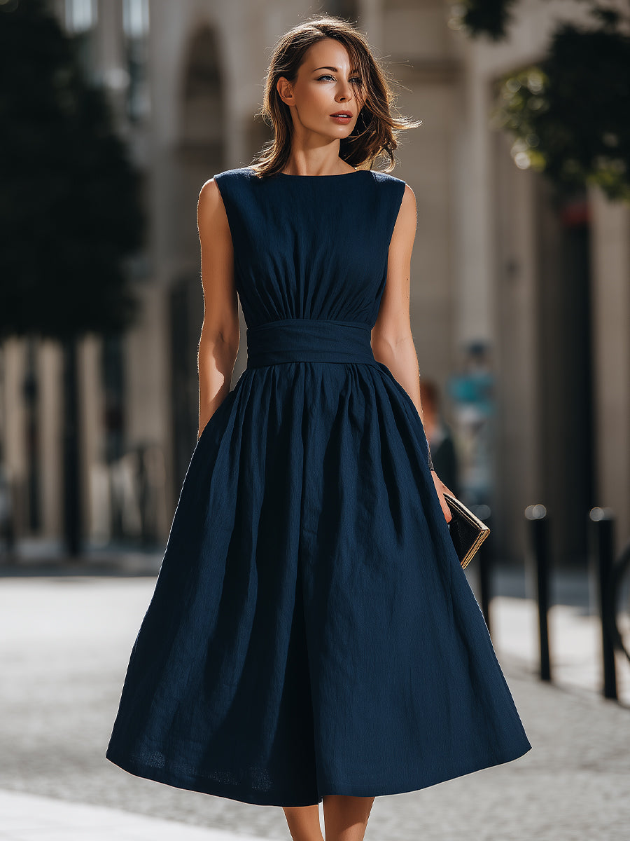 Gathered Sleeveless Midi A-Line Dress