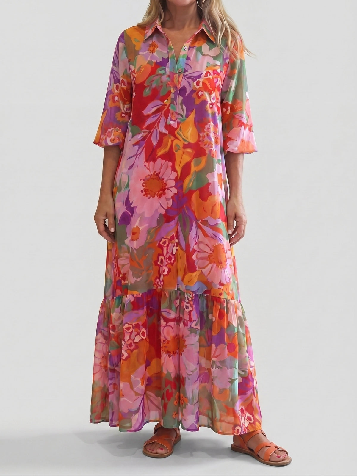 Soleil | Korall virágos maxi ruha