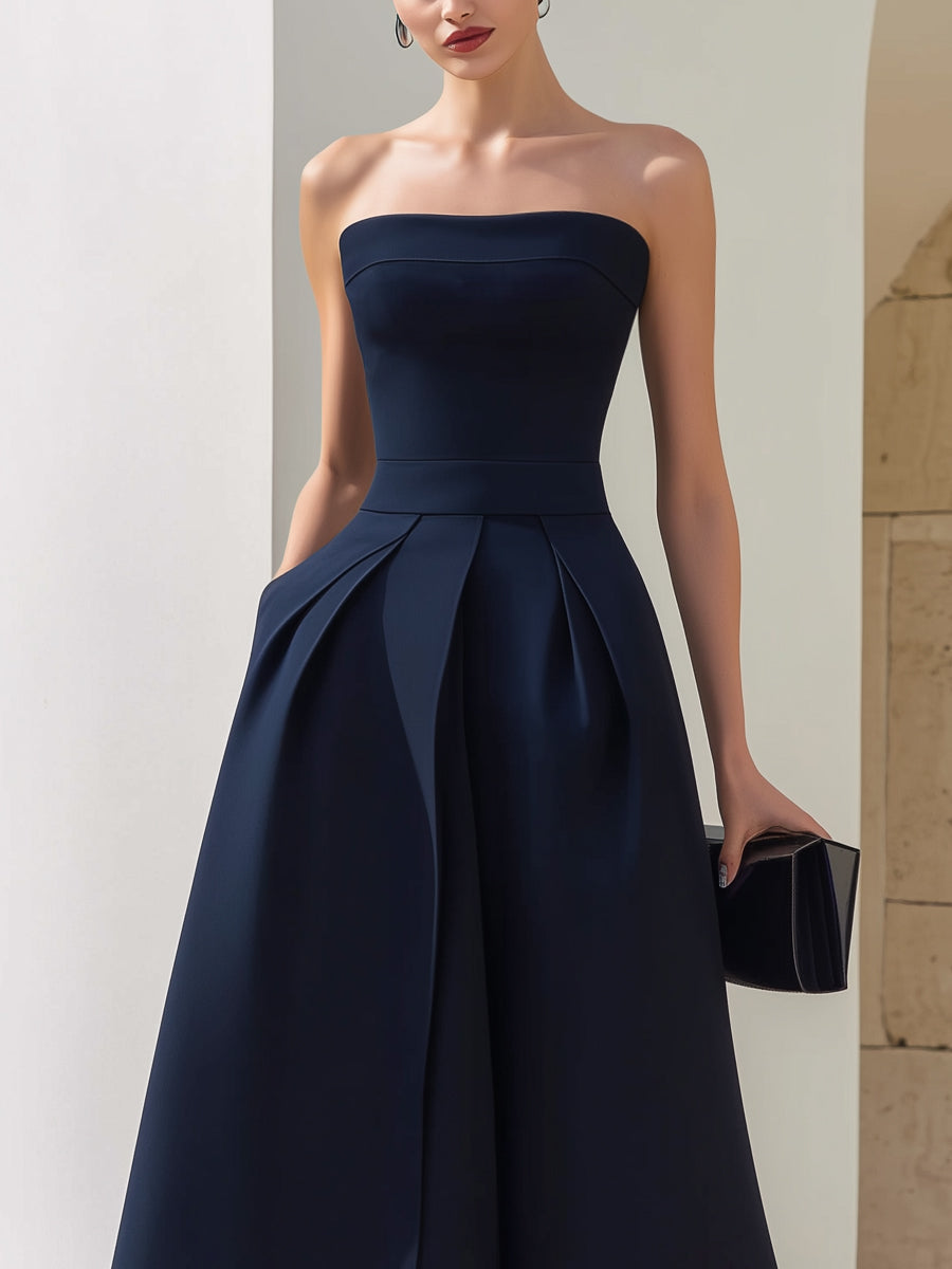 A-line, strapless midi dress with pleats