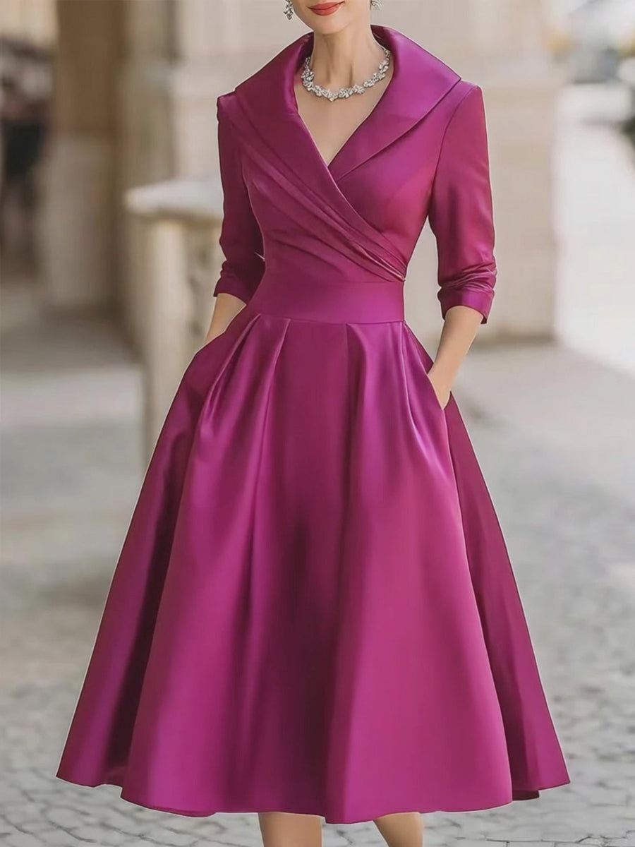Vintage Style Satin Midi Dress with Ruched Collar