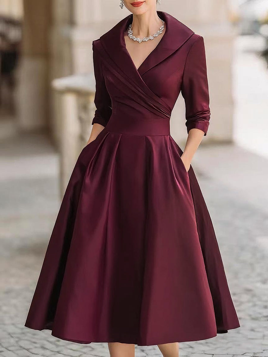 Vintage Style Satin Midi Dress with Ruched Collar