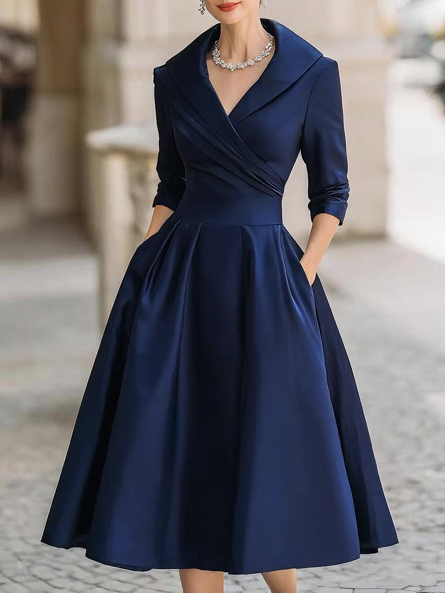 Vintage Style Satin Midi Dress with Ruched Collar