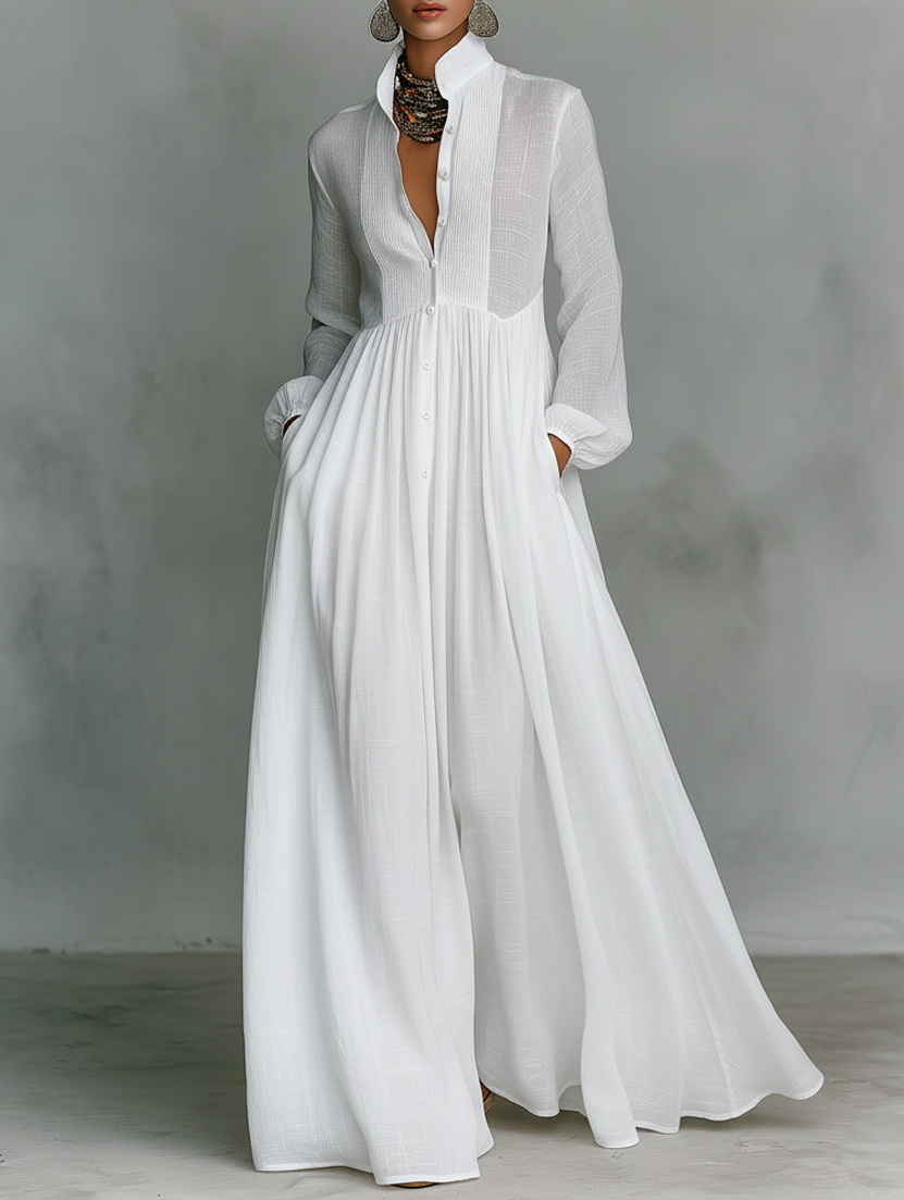 Crina | Minimalist Maxi Dress in Cotton and Linen, with Patchwork Pattern, High Neck and Long Sleeves
