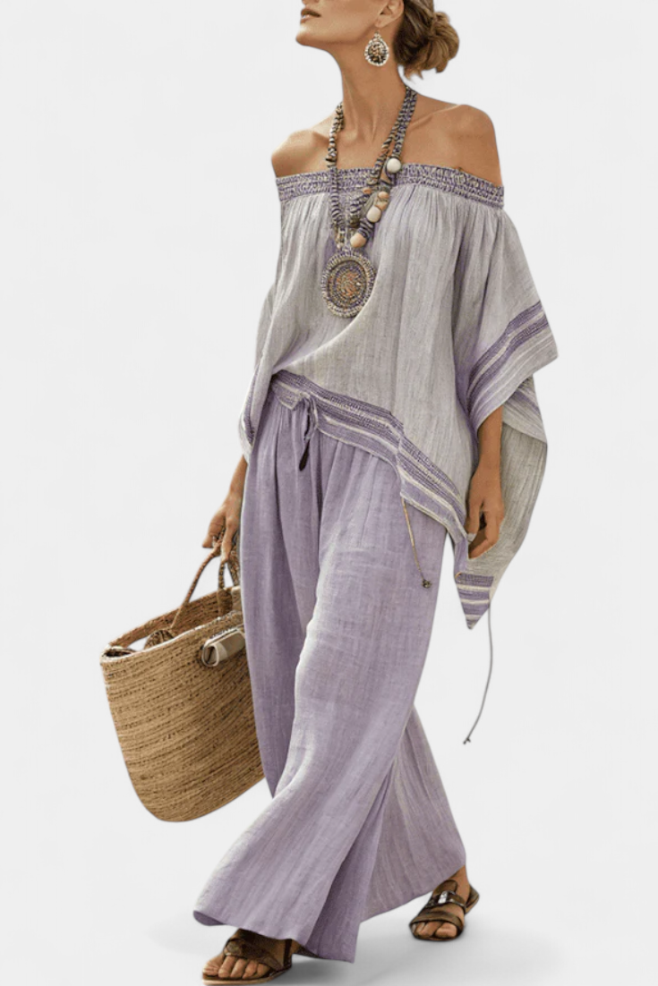 Striped bamboo top with off-the-shoulder design and wide-leg pants for an elegant and fresh style
