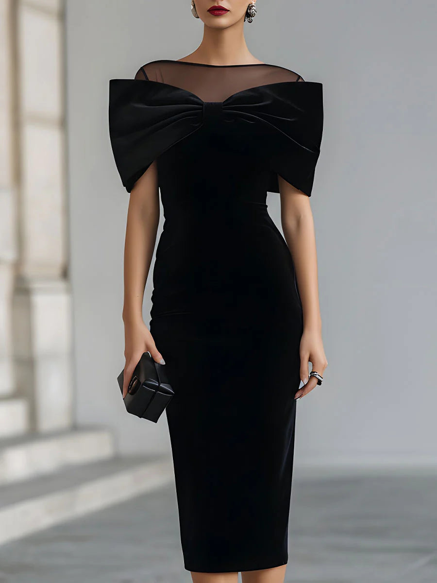 Catalina | Dramatic Black Velvet Midi Dress with Bow