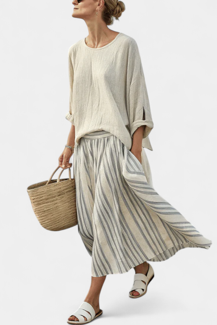 Casual Daisy szett oversize pólóval és midi szoknyával, leni bambusz szalagokkal, elegáns és kényelmes stílushoz