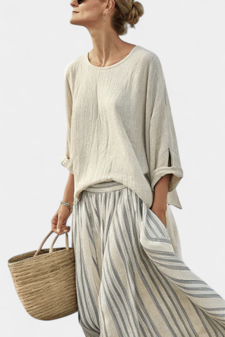 Casual Daisy szett oversize pólóval és midi szoknyával, leni bambusz szalagokkal, elegáns és kényelmes stílushoz