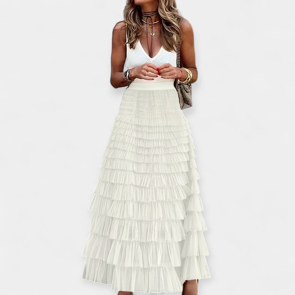 Boho skirt with mesh silk trim