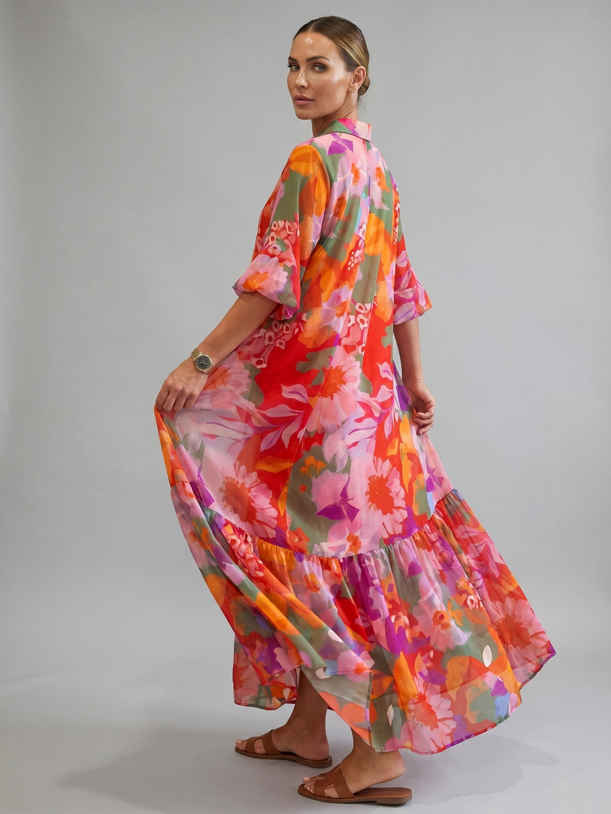 Soleil | Korall virágos maxi ruha