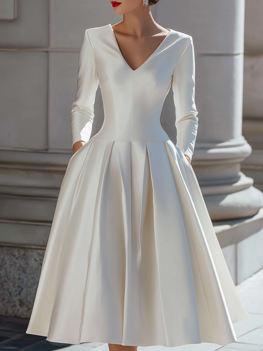 Elegant Silk Midi Dress with V-neck and Pleats