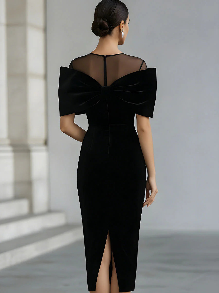 Catalina | Dramatic Black Velvet Midi Dress with Bow