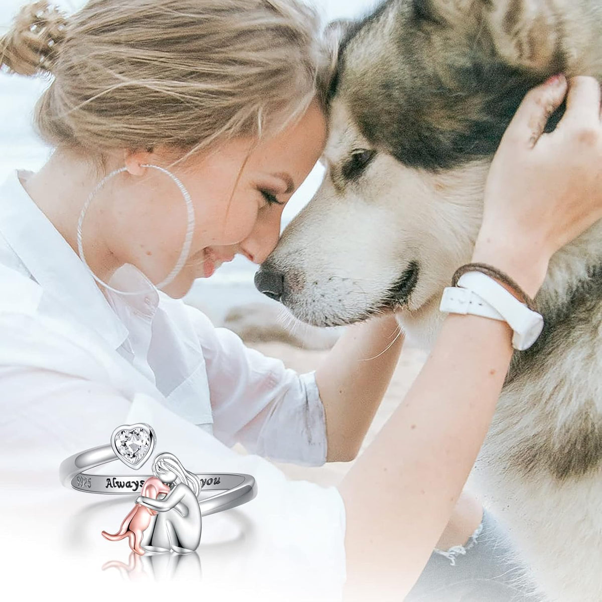 Adjustable Dog Ring in 925 Sterling Silver - "Always in My Heart" with Zirconia