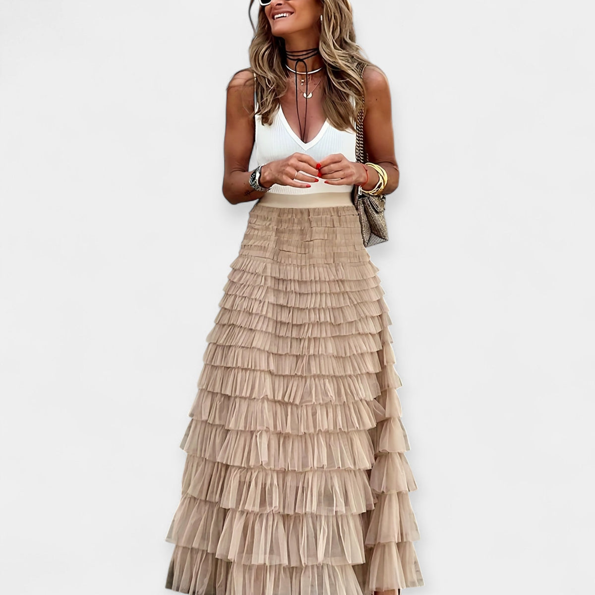 Boho skirt with mesh silk trim