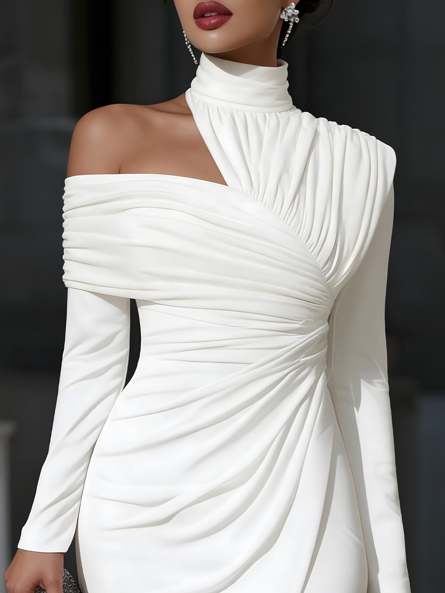 Asymmetric Evening Dress with Ruching and High Neck, One-Shoulder
