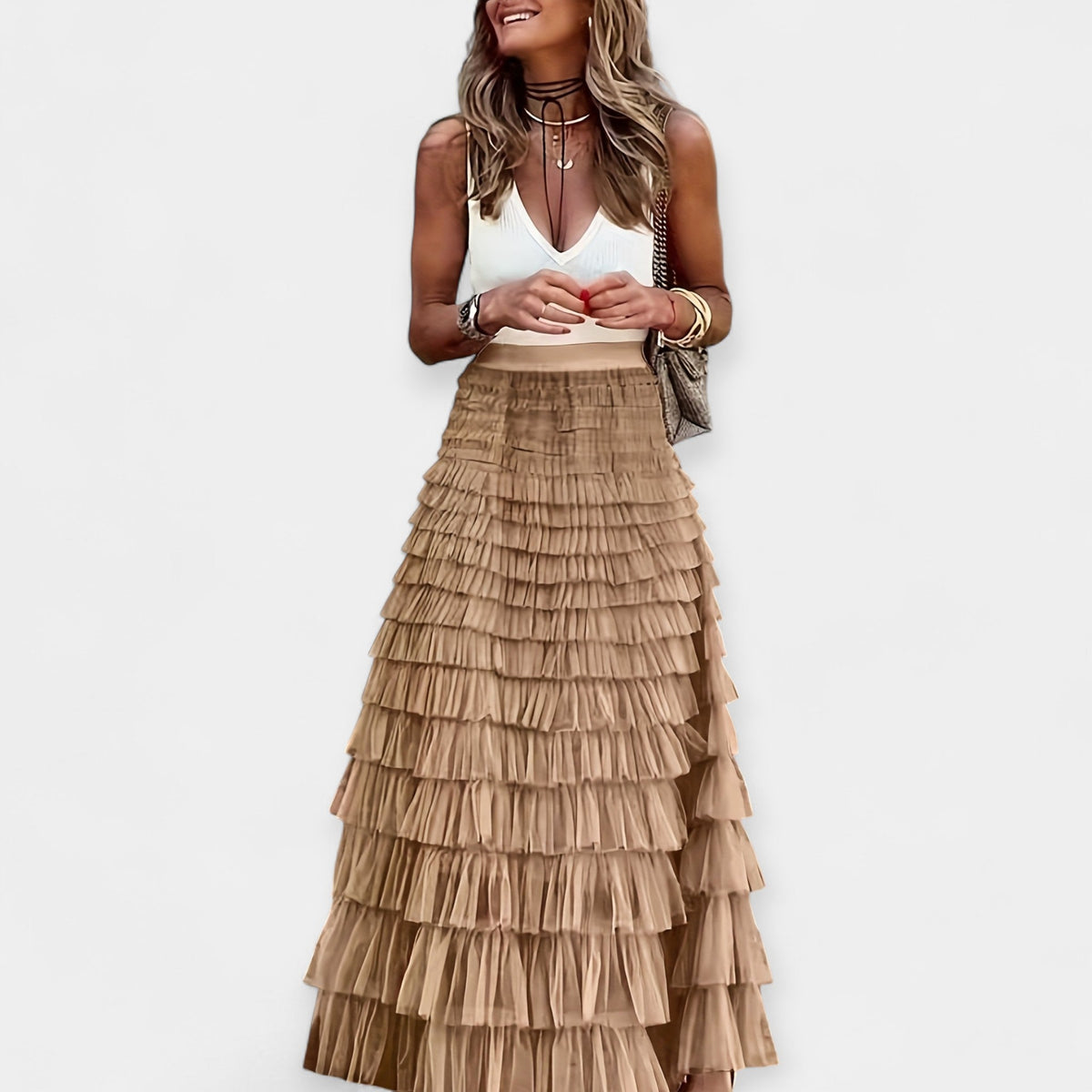 Boho skirt with mesh silk trim