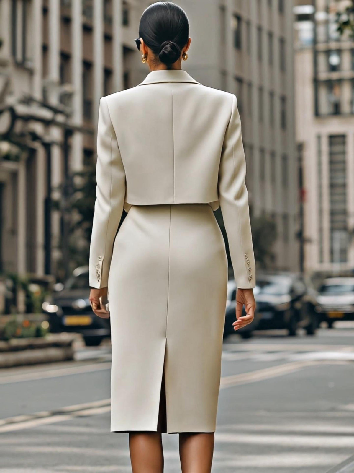Cream-Coloured Short Blazer and High-Waisted Pencil Skirt with Belt